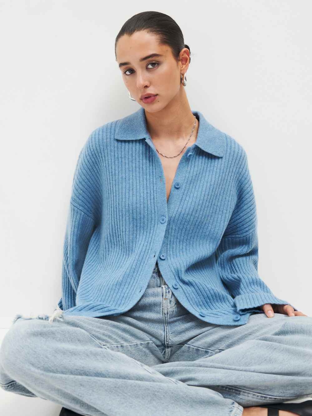 NWOT Reformation Sky Blue Ribbed Button-Down Cardigan - Picture 4 of 5